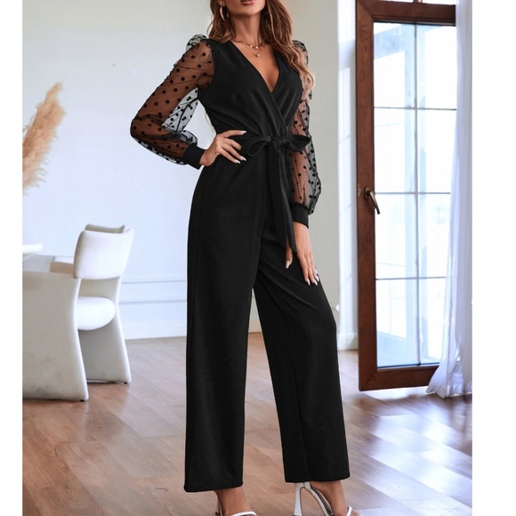 Classic Polka Dot Semi Sheer Long Sleeve Belted Straight Leg Jumpsuit - Picture 3 of 8